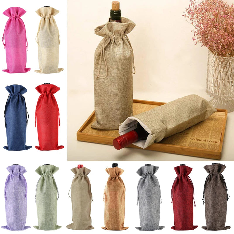 Red Wine Bottle Cover Bag Drawstring Burlap Bags Champagne Wine Jute Wine Bag Holder Carrier For Tasle Ornaments Gifts