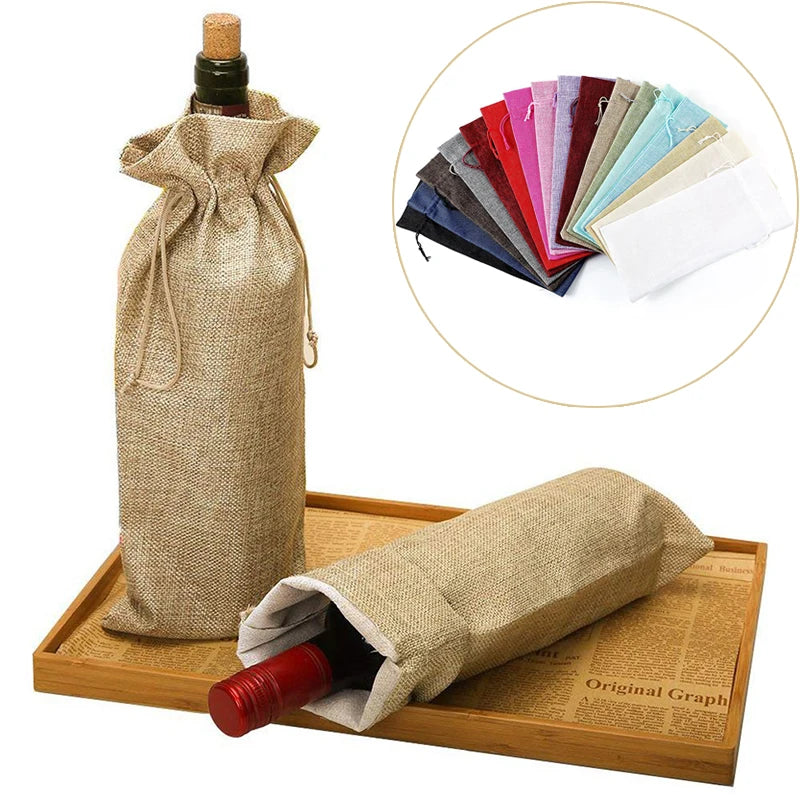 Red Wine Bottle Cover Bag Drawstring Burlap Bags Champagne Wine Jute Wine Bag Holder Carrier For Tasle Ornaments Gifts