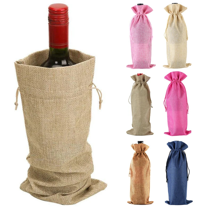 Red Wine Bottle Cover Bag Drawstring Burlap Bags Champagne Wine Jute Wine Bag Holder Carrier For Tasle Ornaments Gifts