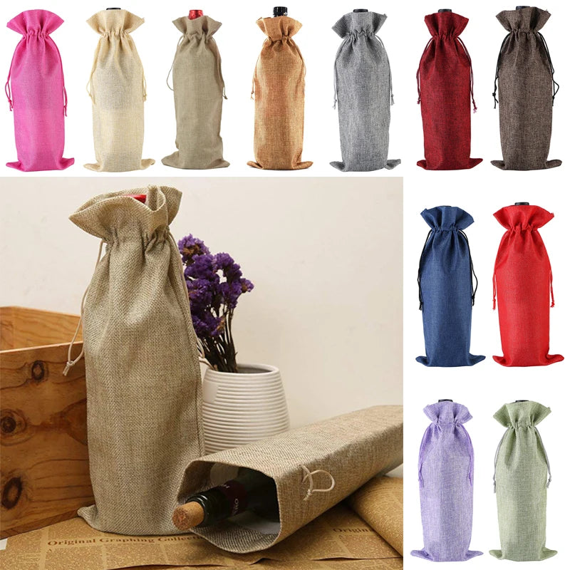 Red Wine Bottle Cover Bag Drawstring Burlap Bags Champagne Wine Jute Wine Bag Holder Carrier For Tasle Ornaments Gifts