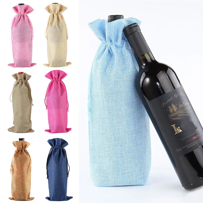 Red Wine Bottle Cover Bag Drawstring Burlap Bags Champagne Wine Jute Wine Bag Holder Carrier For Tasle Ornaments Gifts