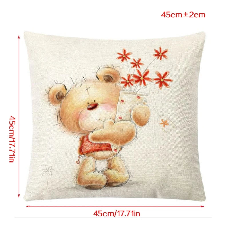 2024 New Valentines Day Linen Pillow Case Cartoon Bear Love Heart Printed Cushion Cover