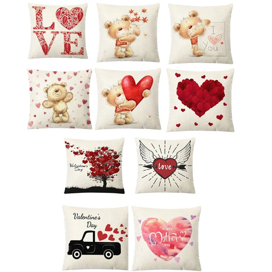 2024 New Valentines Day Linen Pillow Case Cartoon Bear Love Heart Printed Cushion Cover