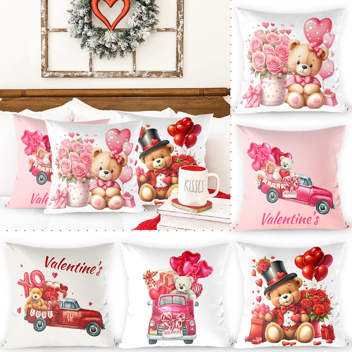 Valentine Cushion Cover for Valentine's Day 45x45cm Throw Pillow Case Pink Red Heart Bear Gift for Girlfriend Wedding Decor 2024