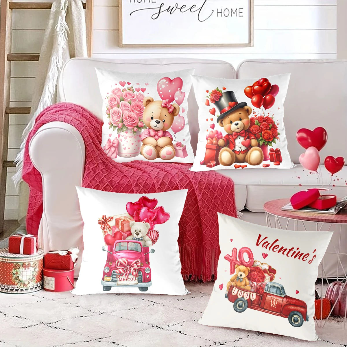 Valentine Cushion Cover for Valentine's Day 45x45cm Throw Pillow Case Pink Red Heart Bear Gift for Girlfriend Wedding Decor 2024