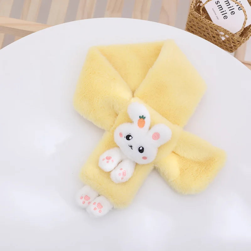 Korean Boys Girls Winter Thick Plush Cross Children's Scarf Baby Bib Cute Cartoon Rabbit Faux Fur Neck Protection Warm Shawl V49