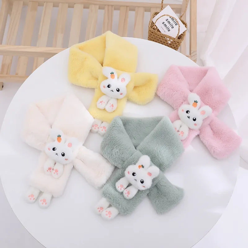 Korean Boys Girls Winter Thick Plush Cross Children's Scarf Baby Bib Cute Cartoon Rabbit Faux Fur Neck Protection Warm Shawl V49