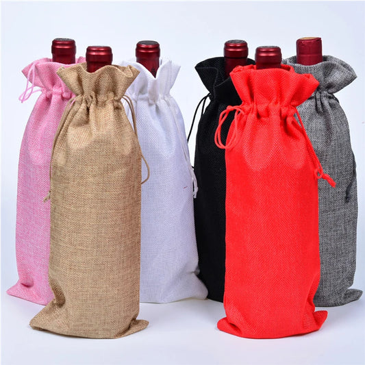 5Pcs/Lot Dignified And Elegant Champagne Red Wine Drawstring Burlap Bags For Wedding Banquet Gift Storage Bags Can Be customized