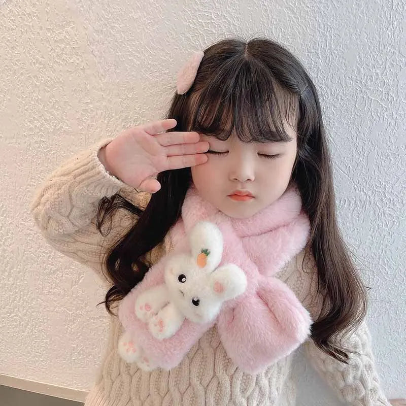 Korean Boys Girls Winter Thick Plush Cross Children's Scarf Baby Bib Cute Cartoon Rabbit Faux Fur Neck Protection Warm Shawl V49