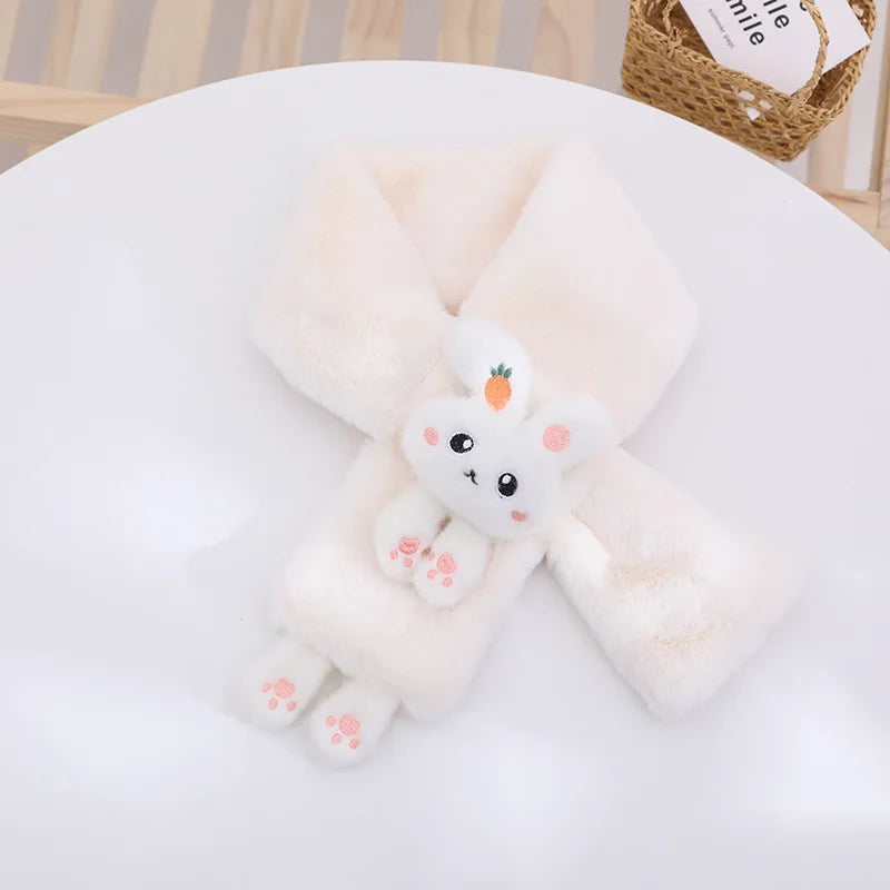 Korean Boys Girls Winter Thick Plush Cross Children's Scarf Baby Bib Cute Cartoon Rabbit Faux Fur Neck Protection Warm Shawl V49