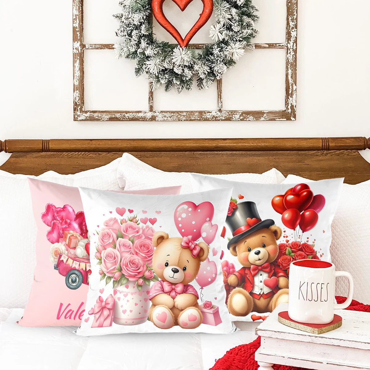 Valentine Cushion Cover for Valentine's Day 45x45cm Throw Pillow Case Pink Red Heart Bear Gift for Girlfriend Wedding Decor 2024